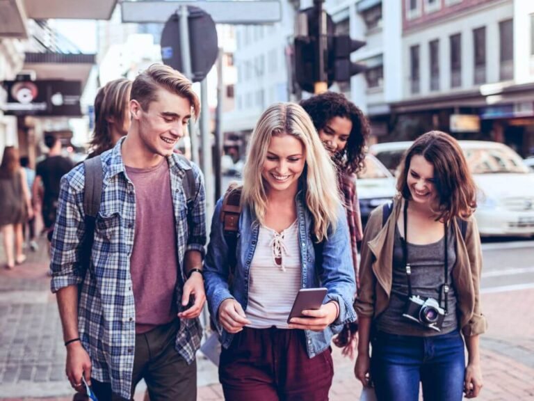 A group of friends on a treasure hunt through the city during the City Detective city game