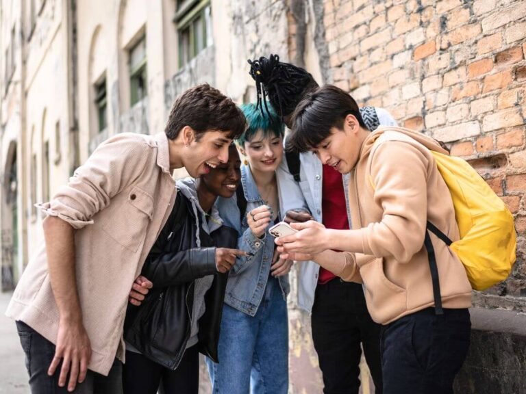 A group of friends on a treasure hunt through the city during the City Detective city game