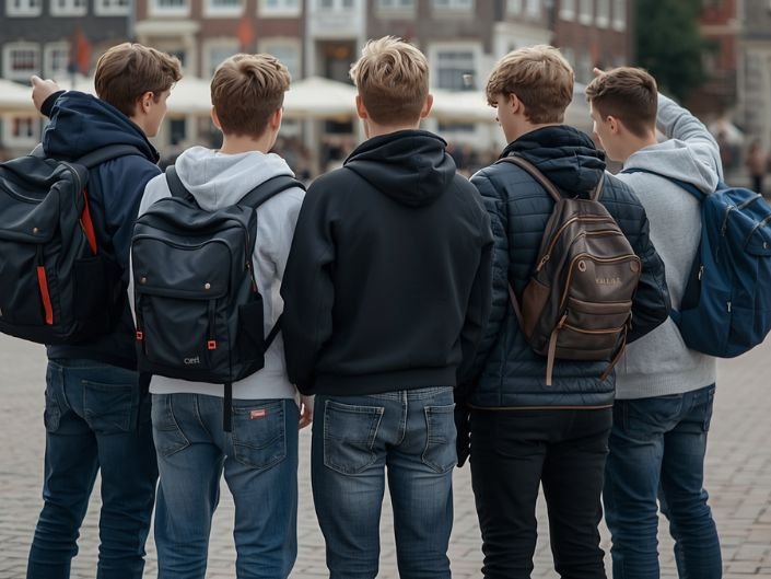 Leerlingen op een plein spelen City Detective tijdens schoolreis